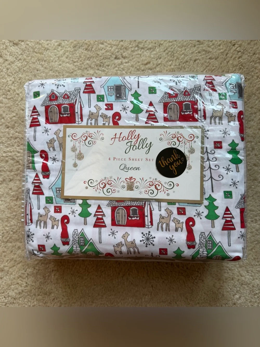 NWT Holly Jolly Christmas Chalet Village Queen Sheet Set - Polyester Microfiber